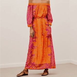 Vibrant Off-Shoulder Maxi Dress in Orange and Pink